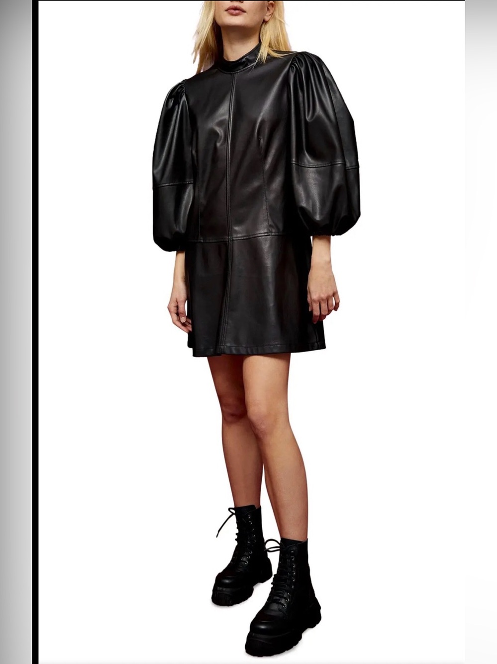 Topshop NWT Black Faux Leather Puff Sleeve Mini Dress. Size 6